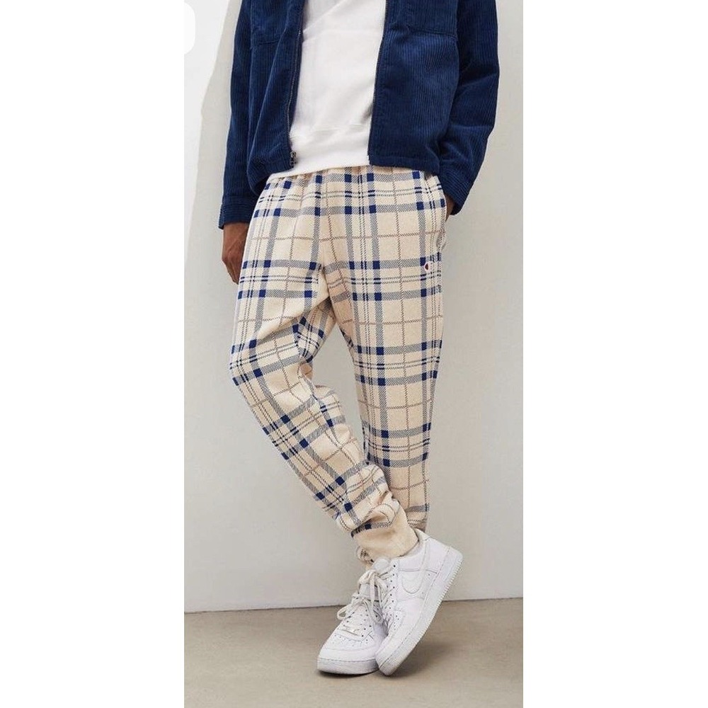 Champion Reverse Weave Plaid Jogger Sweatpants Men's Cream Blue Size Large